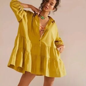 Free People Misha Tiered Mini Shirt Dress Yellow Gold